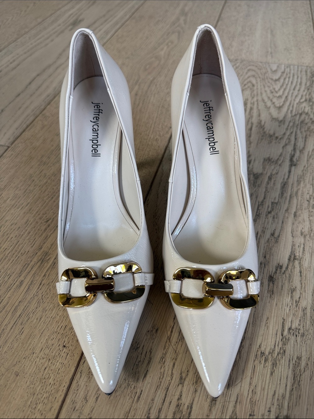 Jeffrey Campbell White Patent Pointed Pumps with Gold Chain Accent